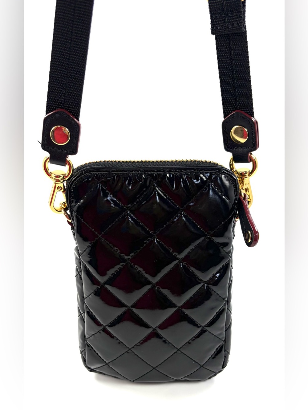 MZ Wallace Micro Crosby Patent Phone Crossbody Black Gold Hardware - Picture 3 of 16